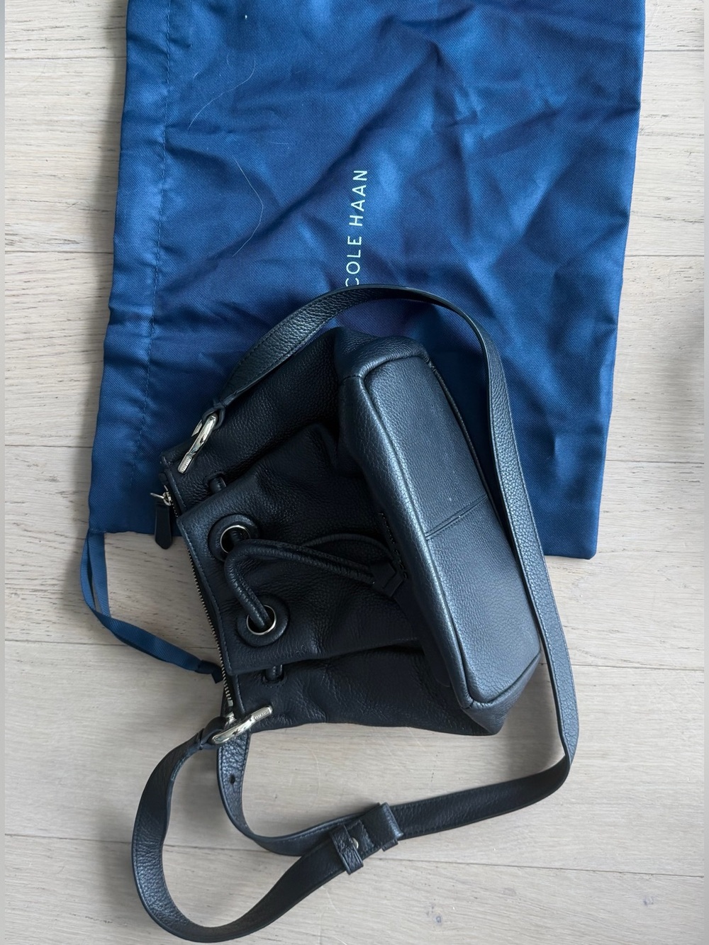 Cole Haan Black Pebbled Leather Drawstring Bucket Crossbody with Dust Bag